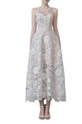 White Lace Tea Length Civil Wedding Dress with High Illusion Neckline P039