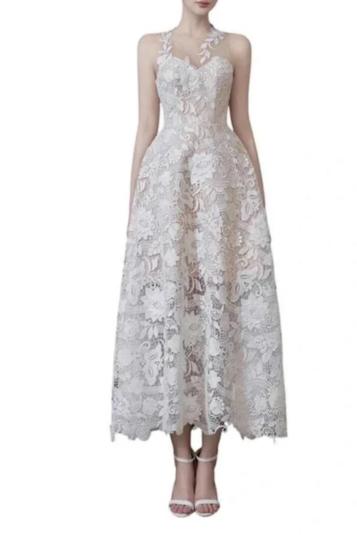 White Lace Tea Length Civil Wedding Dress with High Illusion Neckline P039