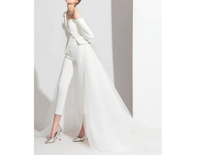 3PCS White Formal Pantsuit Bridal Wear Wedding Dresses with Detachable Train