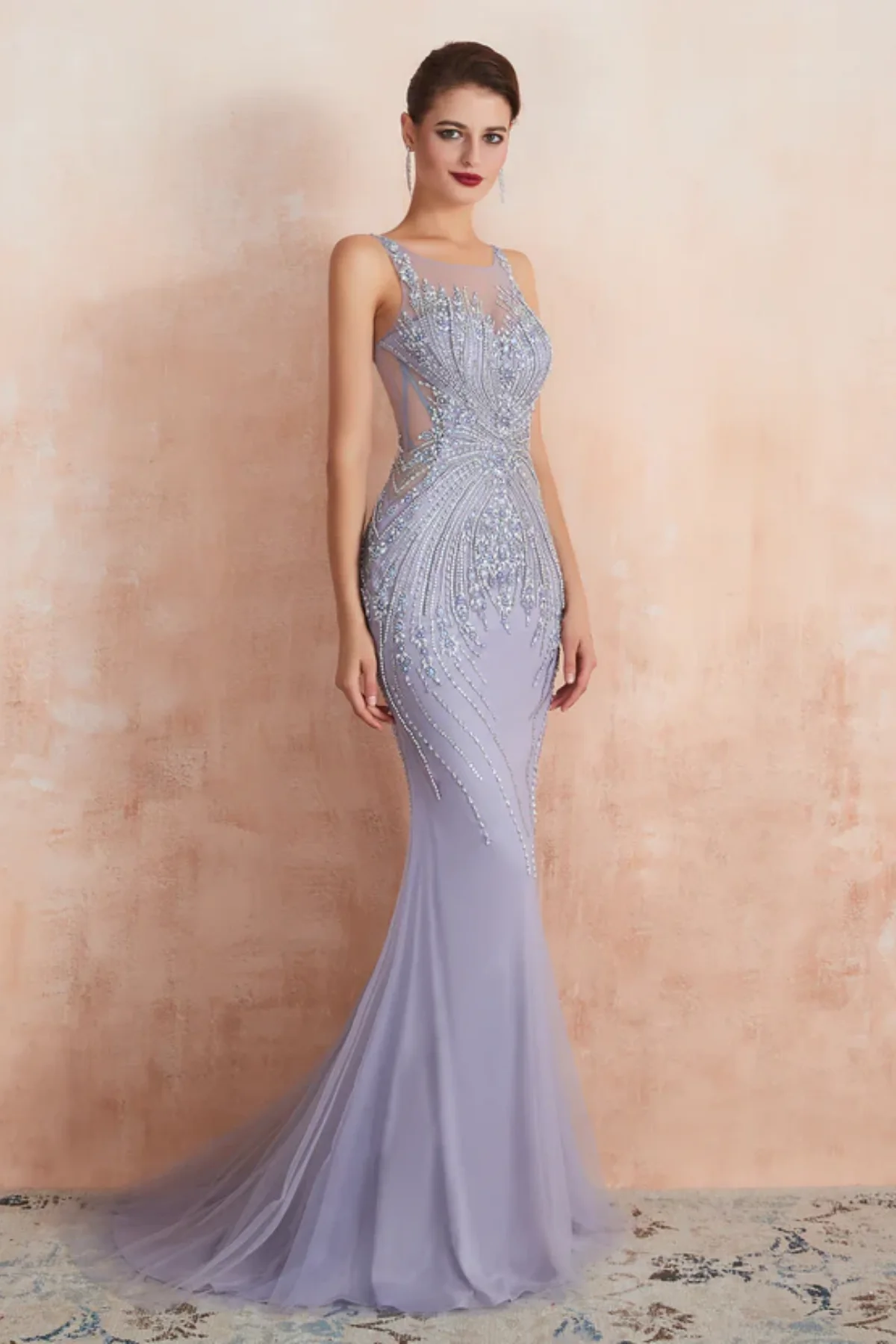 Elegant wisteria purple formal mother dress with sparkling beaded bodice, sheer illusion neckline, and figure-hugging mermaid fit