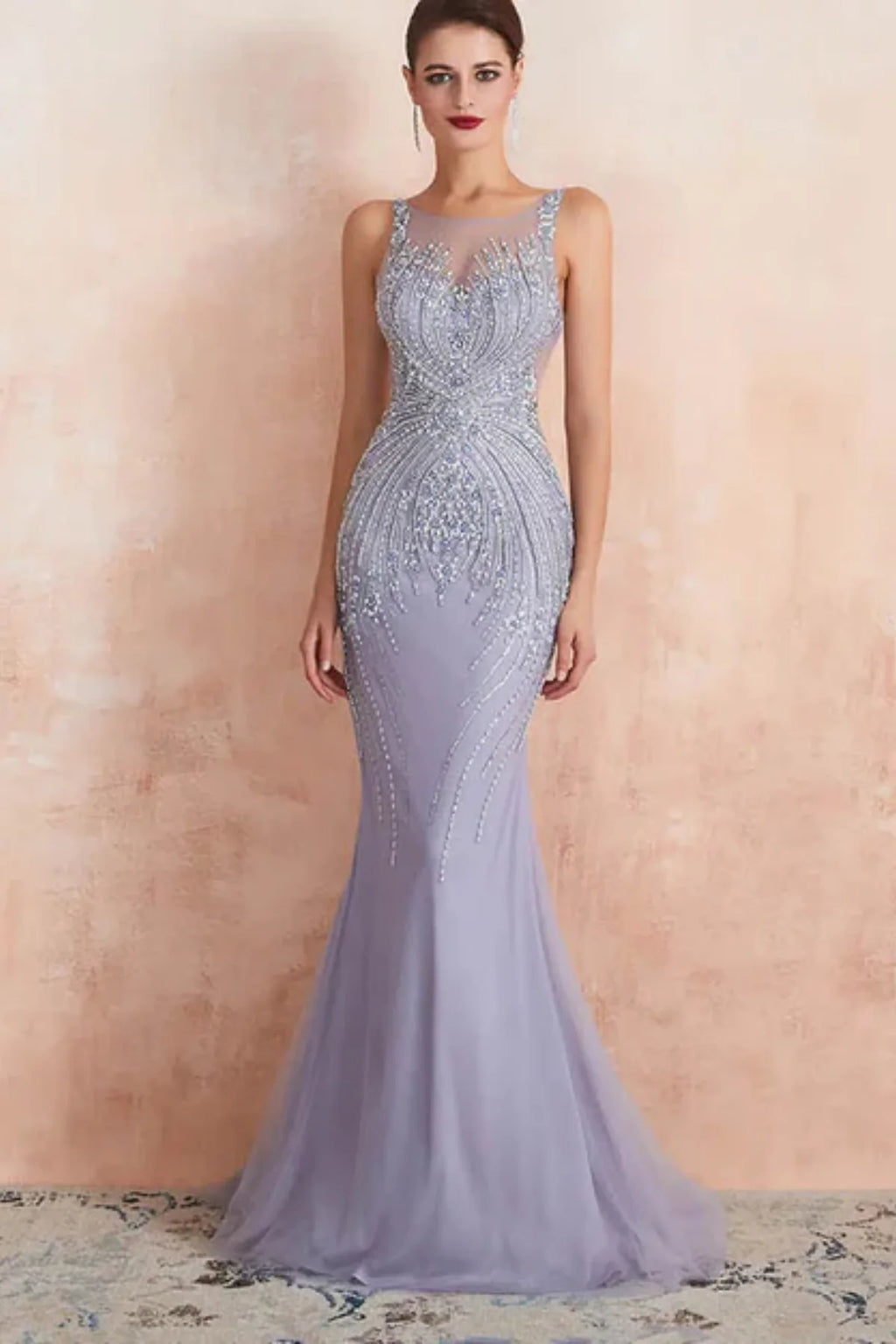 Full-length wisteria purple mermaid evening dress for mother of the bride with shimmering bead patterns and soft tulle hem