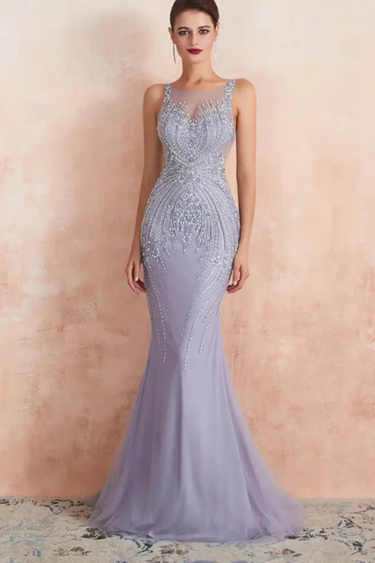 Full-length wisteria purple mermaid evening dress for mother of the bride with shimmering bead patterns and soft tulle hem