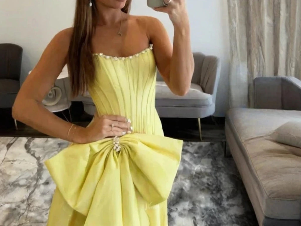 Yellow Strapless Formal Prom Dress with Big Bow Detail - Style P019