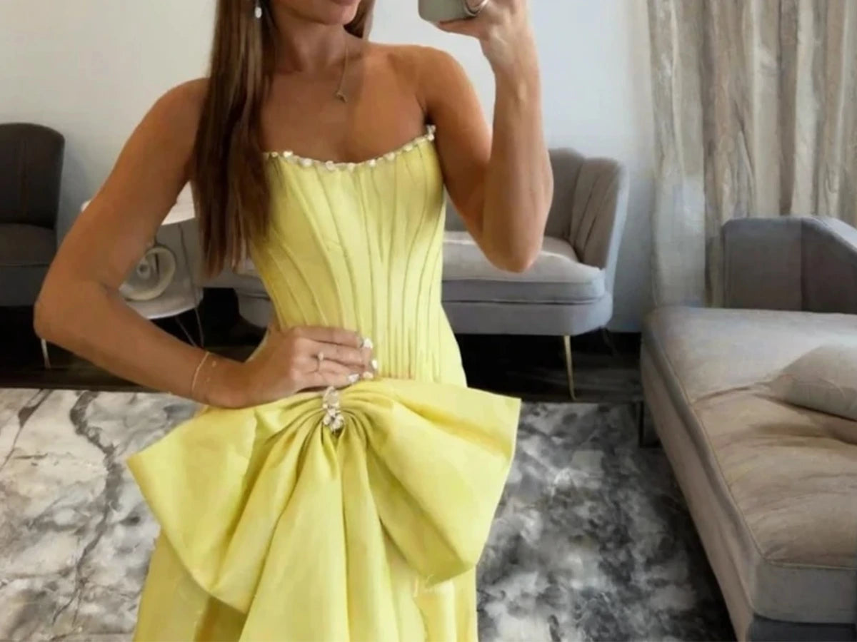 Yellow Strapless Formal Prom Dress with Big Bow Detail - Style P019