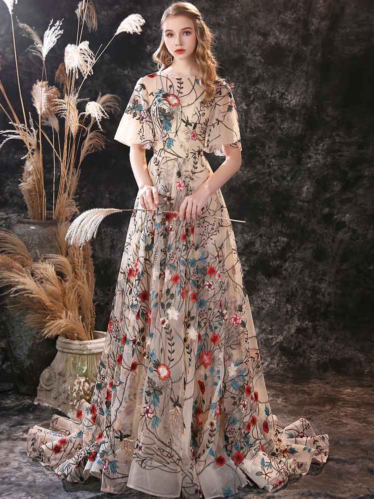 Floral Long Fairytale Tulle Prom Dresses with Half Butterfly Sleeves - promboutiqueonline