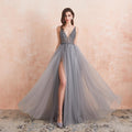 Sequined Grey V-neck Long Tulle Prom Dresses with Thigh Slit P611 - promboutiqueonline
