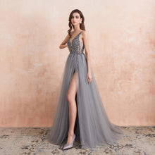 Load image into Gallery viewer, Sequined Grey V-neck Long Tulle Prom Dresses with Thigh Slit P611