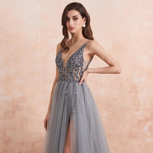 Sequined Grey V-neck Long Tulle Prom Dresses with Thigh Slit P611