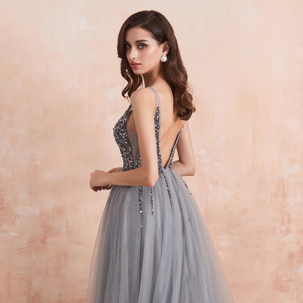 Sequined Grey V-neck Long Tulle Prom Dresses with Thigh Slit P611 - promboutiqueonline