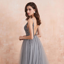 Load image into Gallery viewer, Sequined Grey V-neck Long Tulle Prom Dresses with Thigh Slit P611
