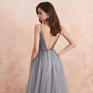 Sequined Grey V-neck Long Tulle Prom Dresses with Thigh Slit P611