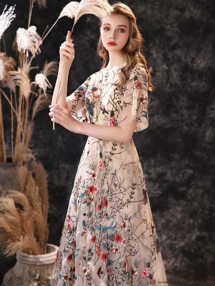 Floral Long Fairytale Tulle Prom Dresses with Half Butterfly Sleeves - promboutiqueonline