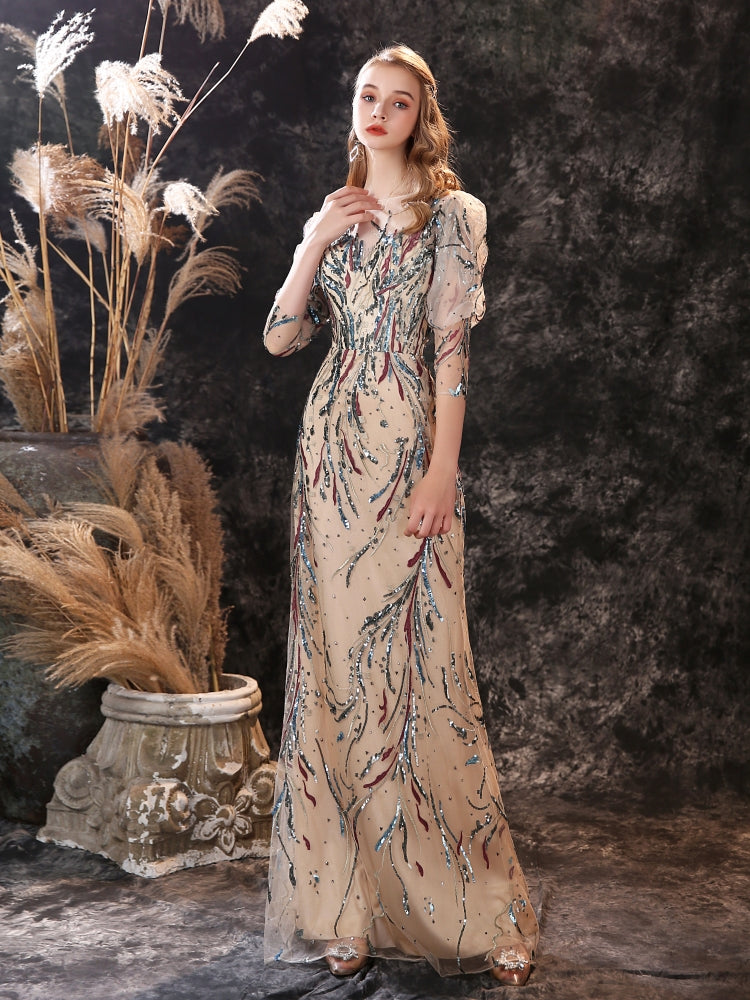 Puff Sleeves Pattern Sequined Colored Wedding Dresses - promboutiqueonline