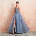 Dusty Blue Beaded See Through Long Slit Prom Dresses with Spaghetti Straps - promboutiqueonline