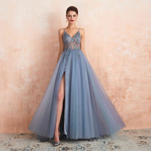 Dusty Blue Beaded See Through Long Slit Prom Dresses with Spaghetti Straps