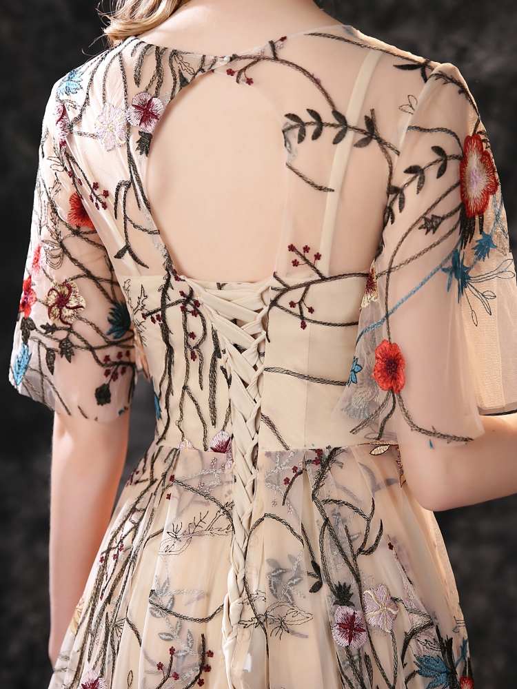 Floral Long Fairytale Tulle Prom Dresses with Half Butterfly Sleeves - promboutiqueonline
