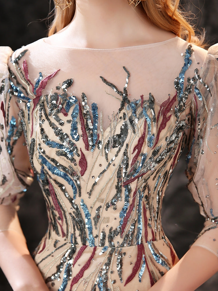 Puff Sleeves Pattern Sequined Colored Wedding Dresses - promboutiqueonline