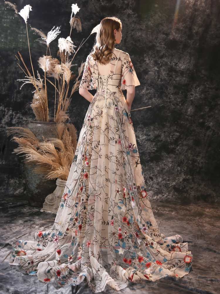 Floral Long Fairytale Tulle Prom Dresses with Half Butterfly Sleeves - promboutiqueonline