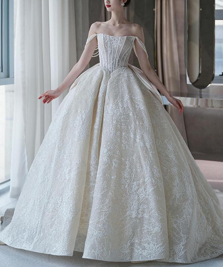 Princess Sleeveless Corset Bridal Gowns Tube Lace Wedding Dresses with Big Bowknot - promboutiqueonline