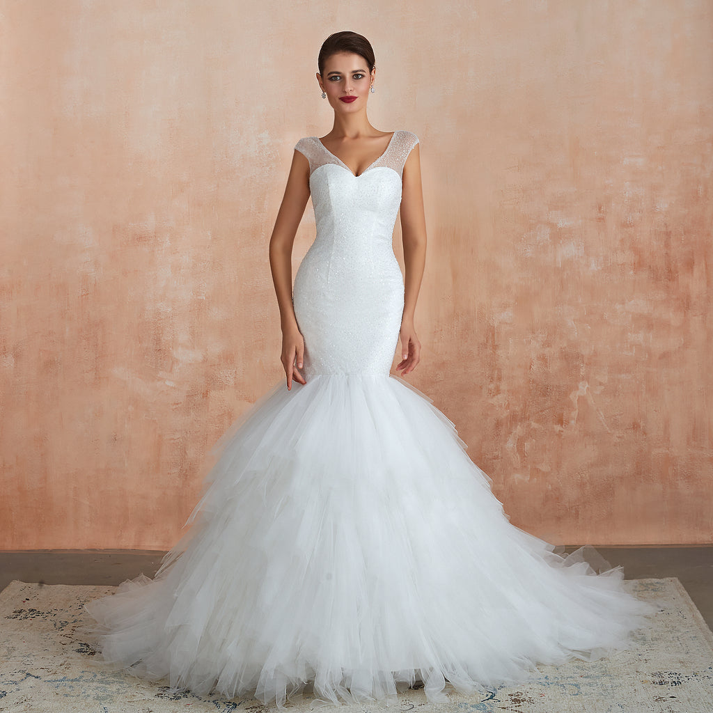 Sequined Cap Sleeves Layered Mermaid Wedding Dresses Lace Up Back - promboutiqueonline