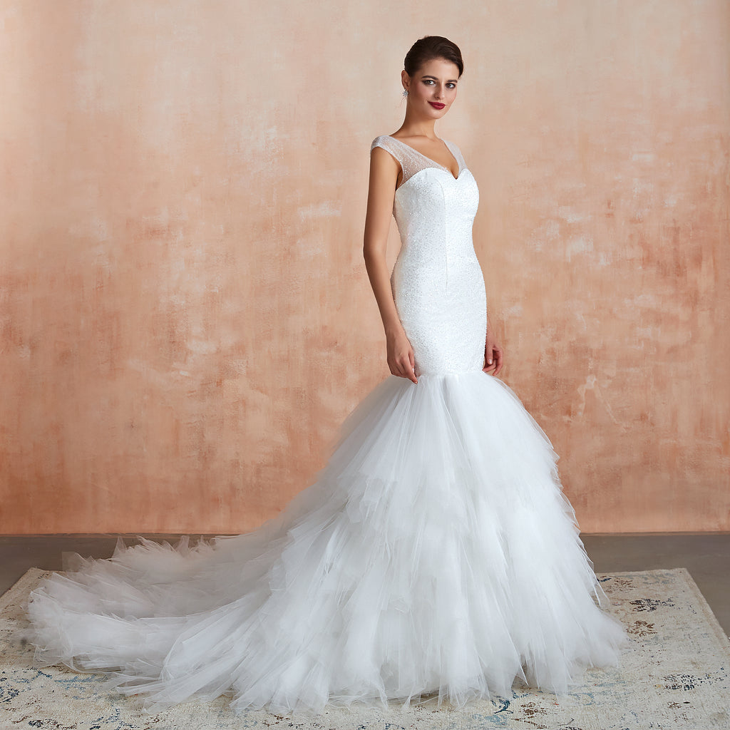 Sequined Cap Sleeves Layered Mermaid Wedding Dresses Lace Up Back - promboutiqueonline