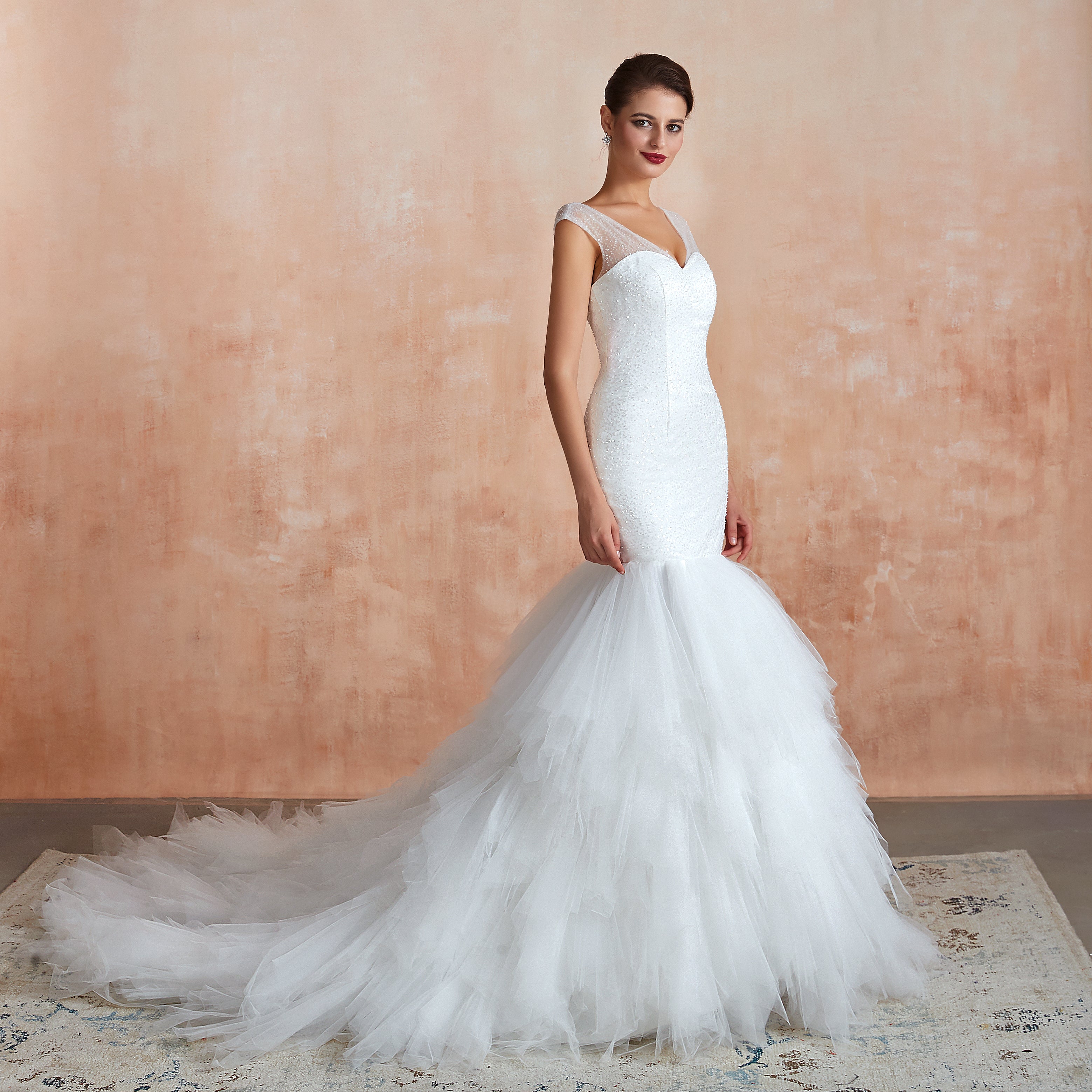 Sequined Cap Sleeves Layered Mermaid Wedding Dresses Lace Up Back - promboutiqueonline