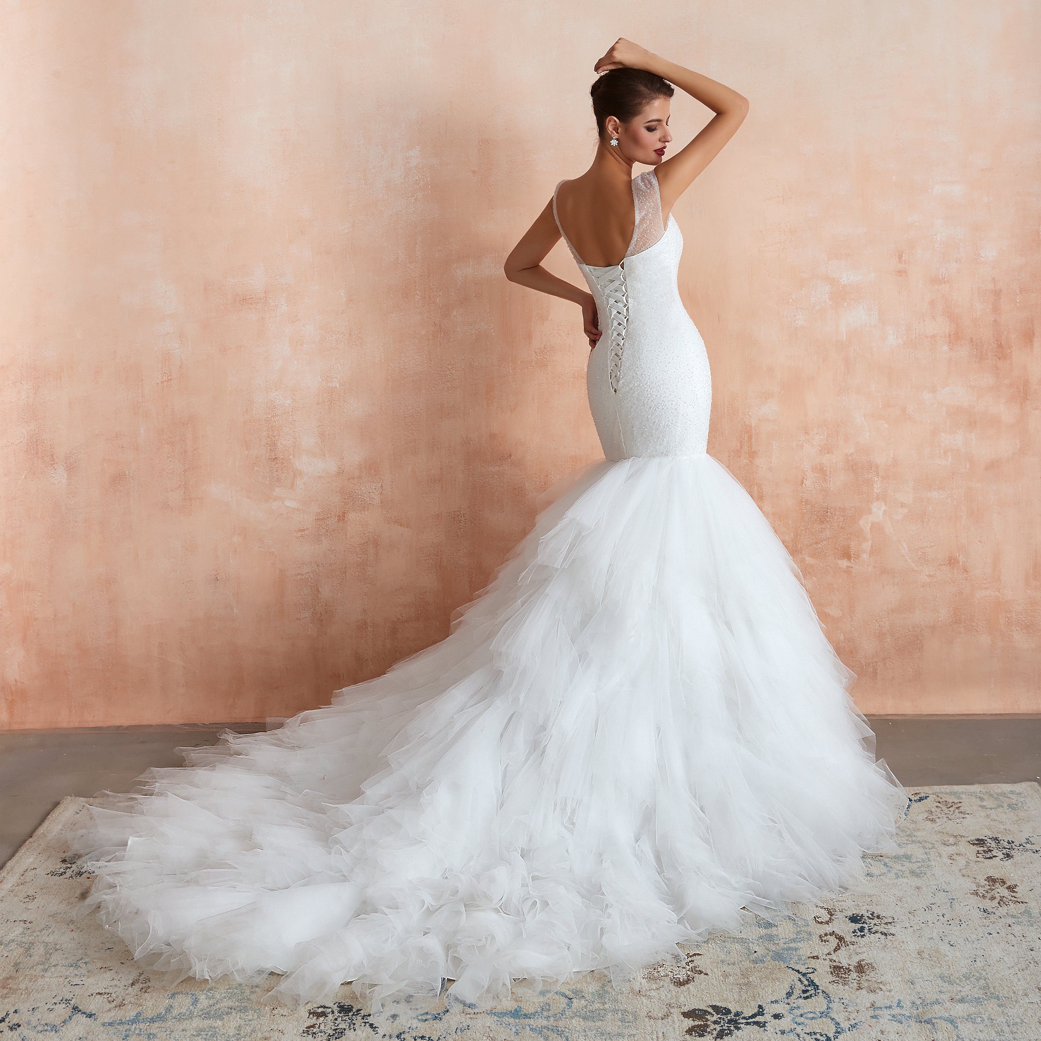 Sequined Cap Sleeves Layered Mermaid Wedding Dresses Lace Up Back - promboutiqueonline