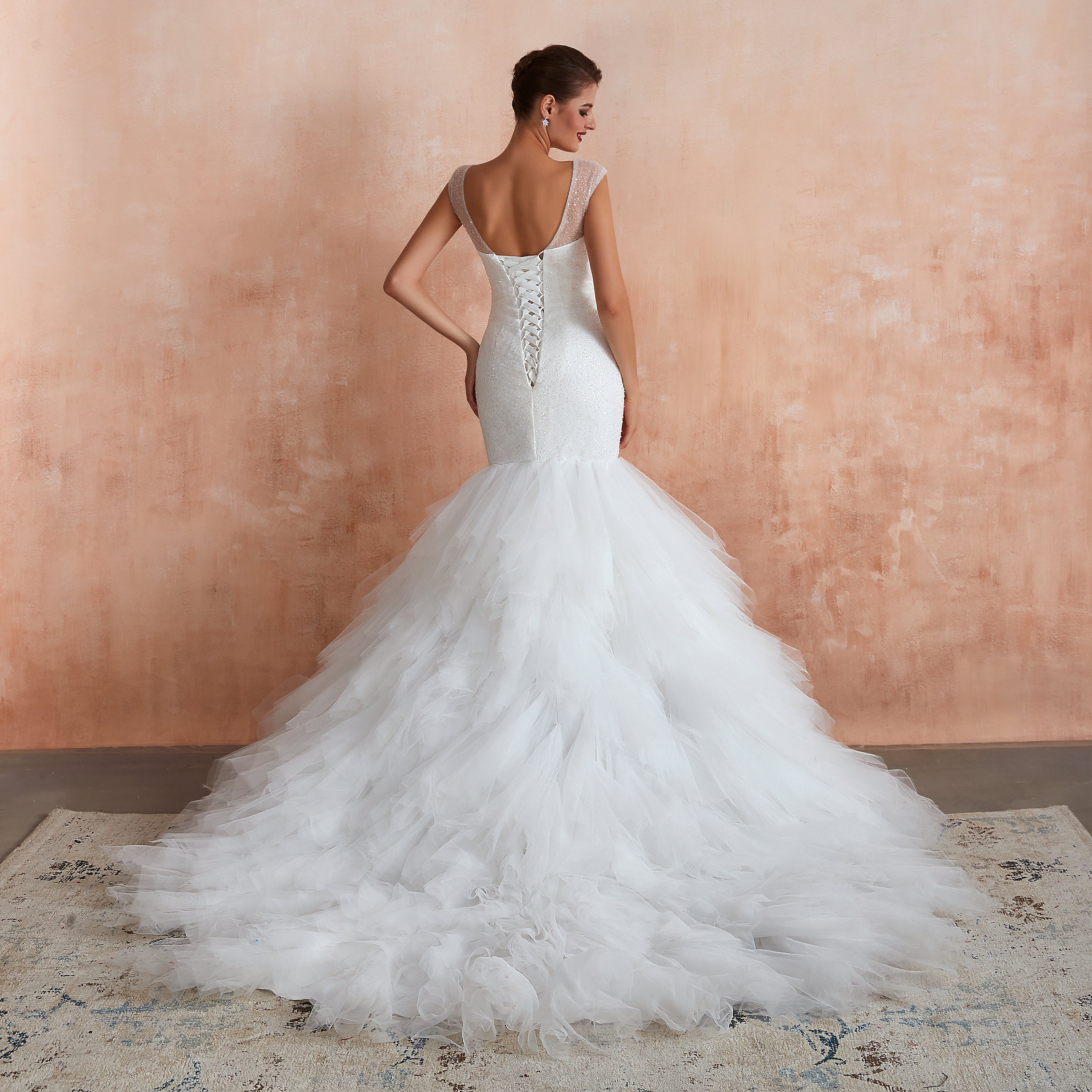Sequined Cap Sleeves Layered Mermaid Wedding Dresses Lace Up Back - promboutiqueonline