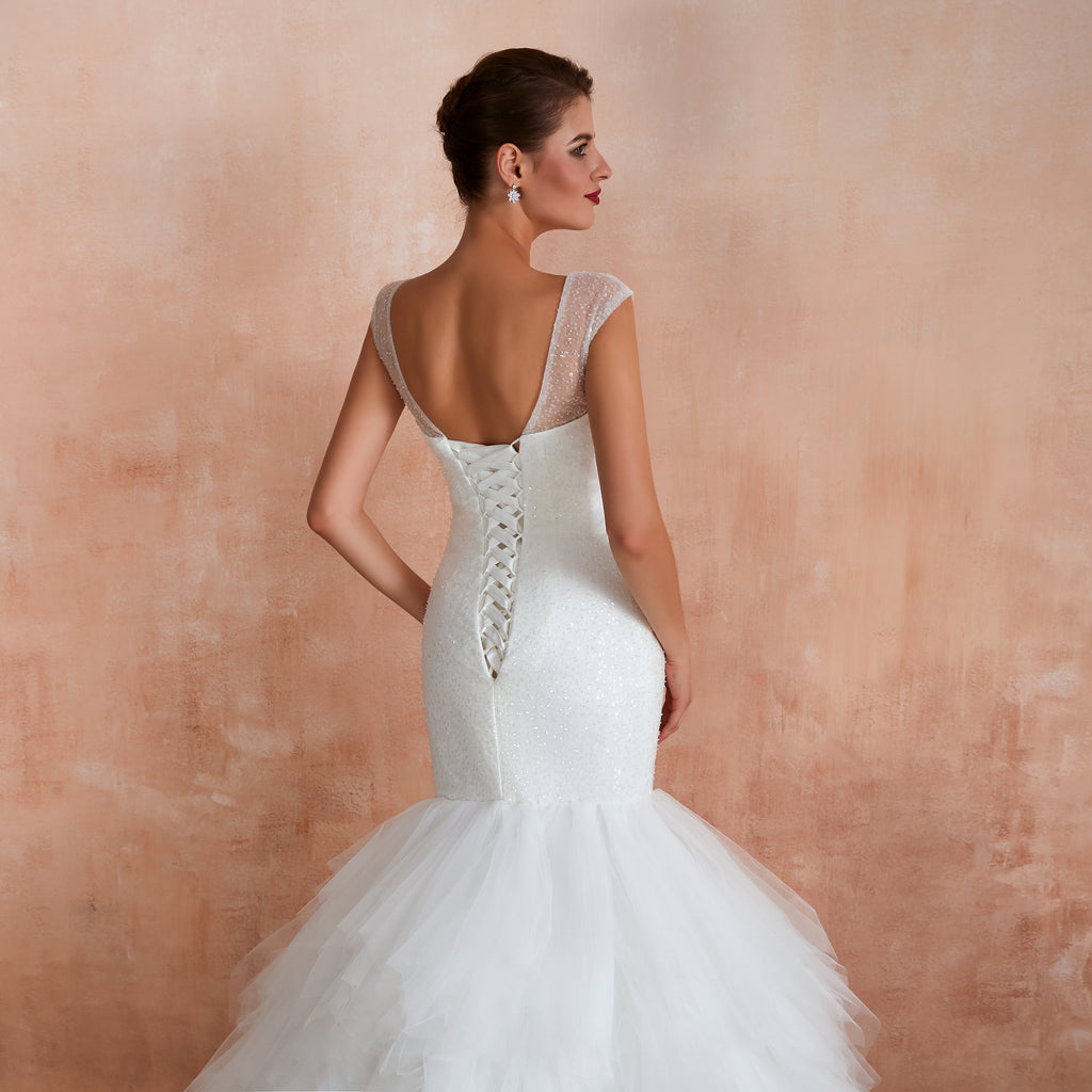 Sequined Cap Sleeves Layered Mermaid Wedding Dresses Lace Up Back - promboutiqueonline