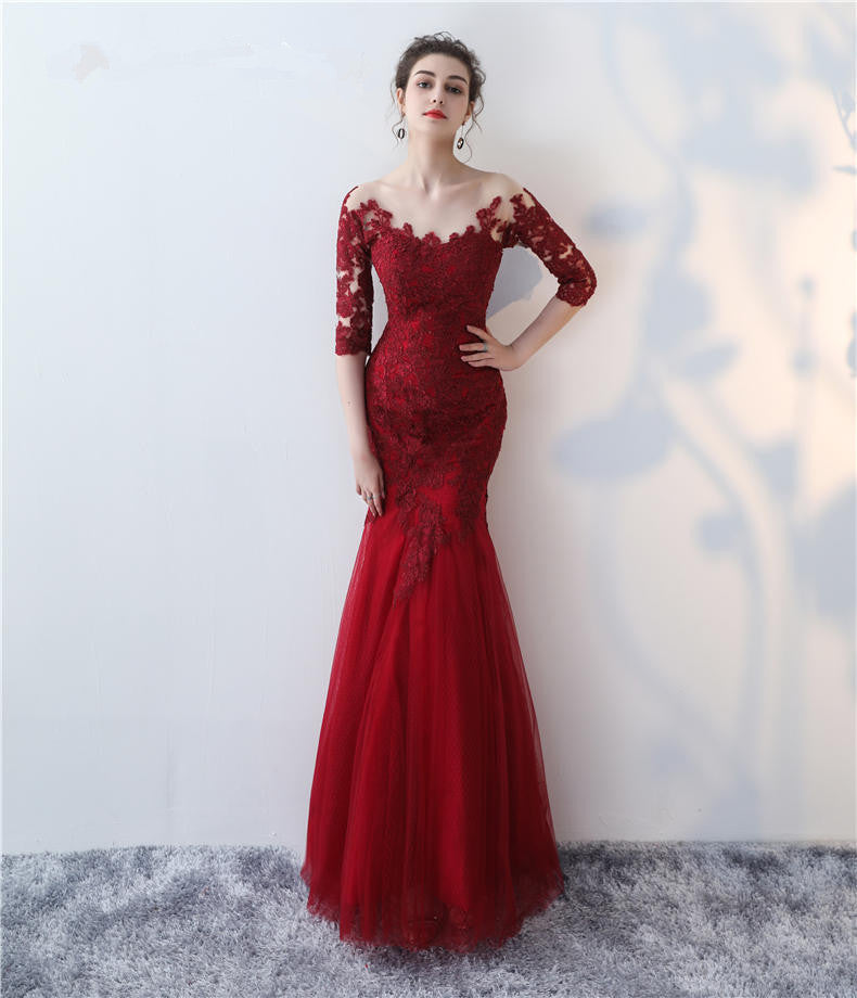Appliqued Wine Lace Mermaid Prom Dresses Half Sleeves - promboutiqueonline