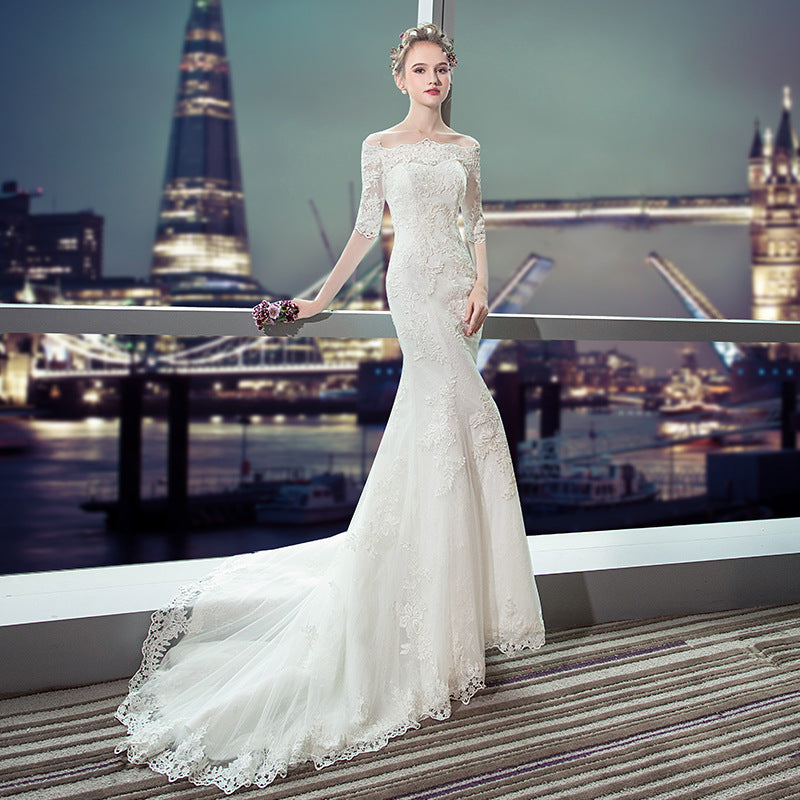 Off The Shoulder Lace Mermaid Wedding Dresses with Half Sleeves - promboutiqueonline