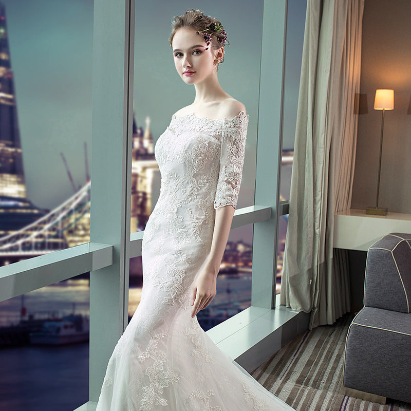 Off The Shoulder Lace Mermaid Wedding Dresses with Half Sleeves - promboutiqueonline