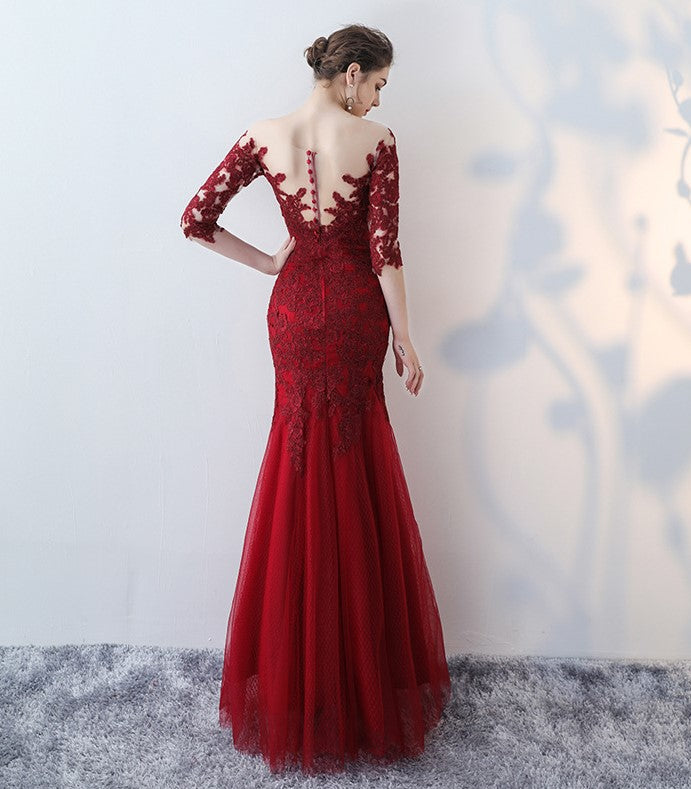 Appliqued Wine Lace Mermaid Prom Dresses Half Sleeves - promboutiqueonline