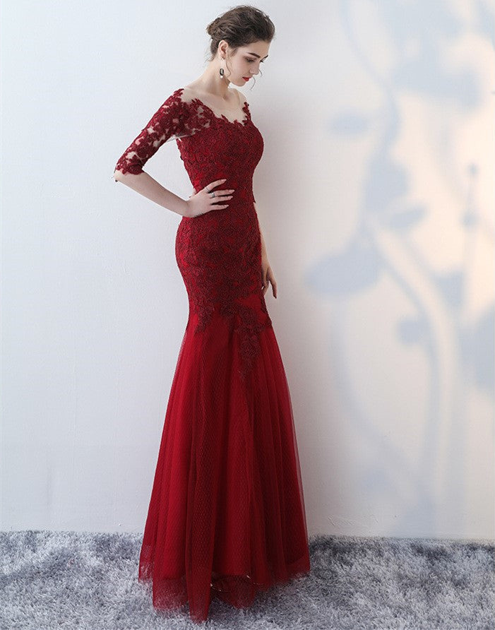 Appliqued Wine Lace Mermaid Prom Dresses Half Sleeves - promboutiqueonline