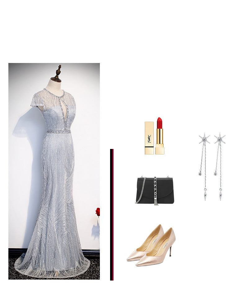 Embellished Key Hole Mother of The Bride Dreses Short Sleeves with IlluTsion Neckline - promboutiqueonline
