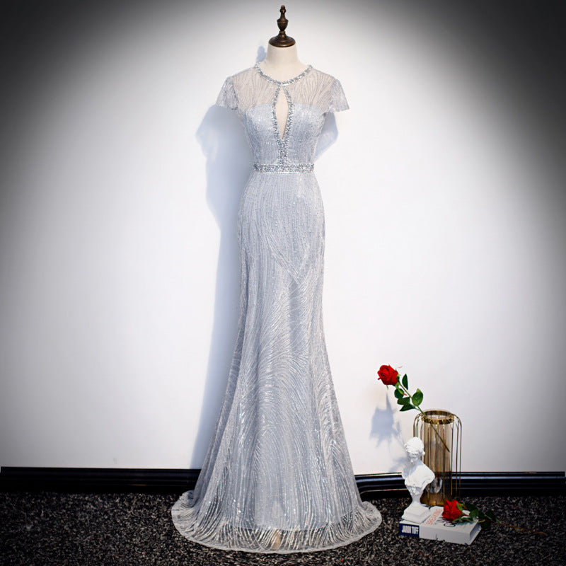Embellished Key Hole Mother of The Bride Dreses Short Sleeves with IlluTsion Neckline - promboutiqueonline