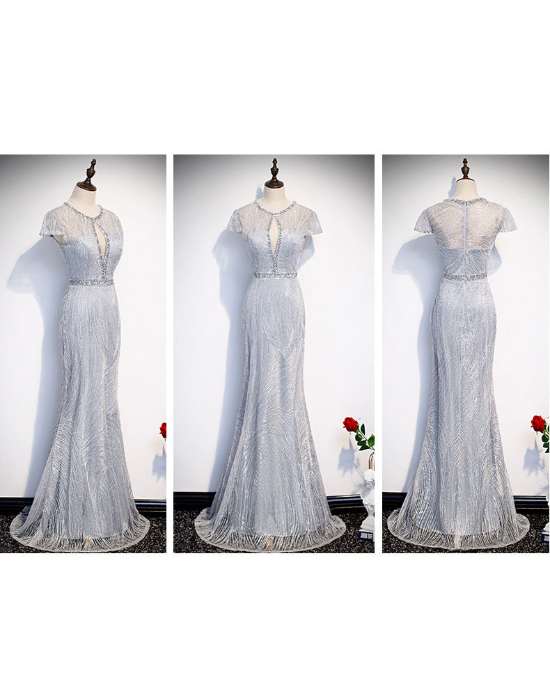 Embellished Key Hole Mother of The Bride Dreses Short Sleeves with IlluTsion Neckline - promboutiqueonline