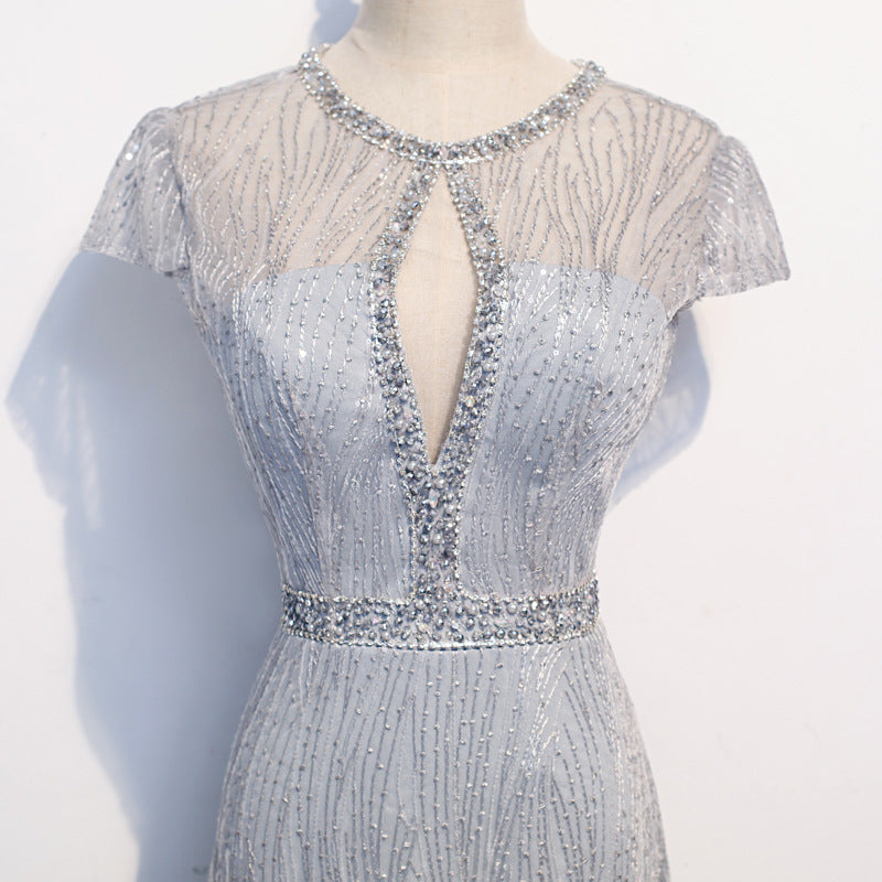 Embellished Key Hole Mother of The Bride Dreses Short Sleeves with IlluTsion Neckline - promboutiqueonline