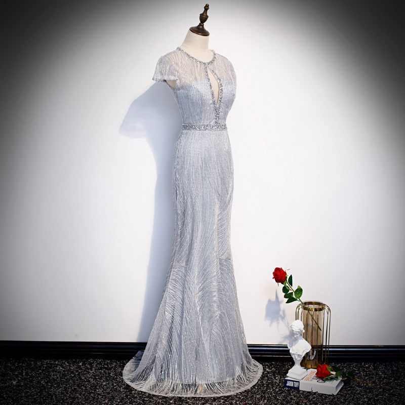 Embellished Key Hole Mother of The Bride Dreses Short Sleeves with IlluTsion Neckline - promboutiqueonline