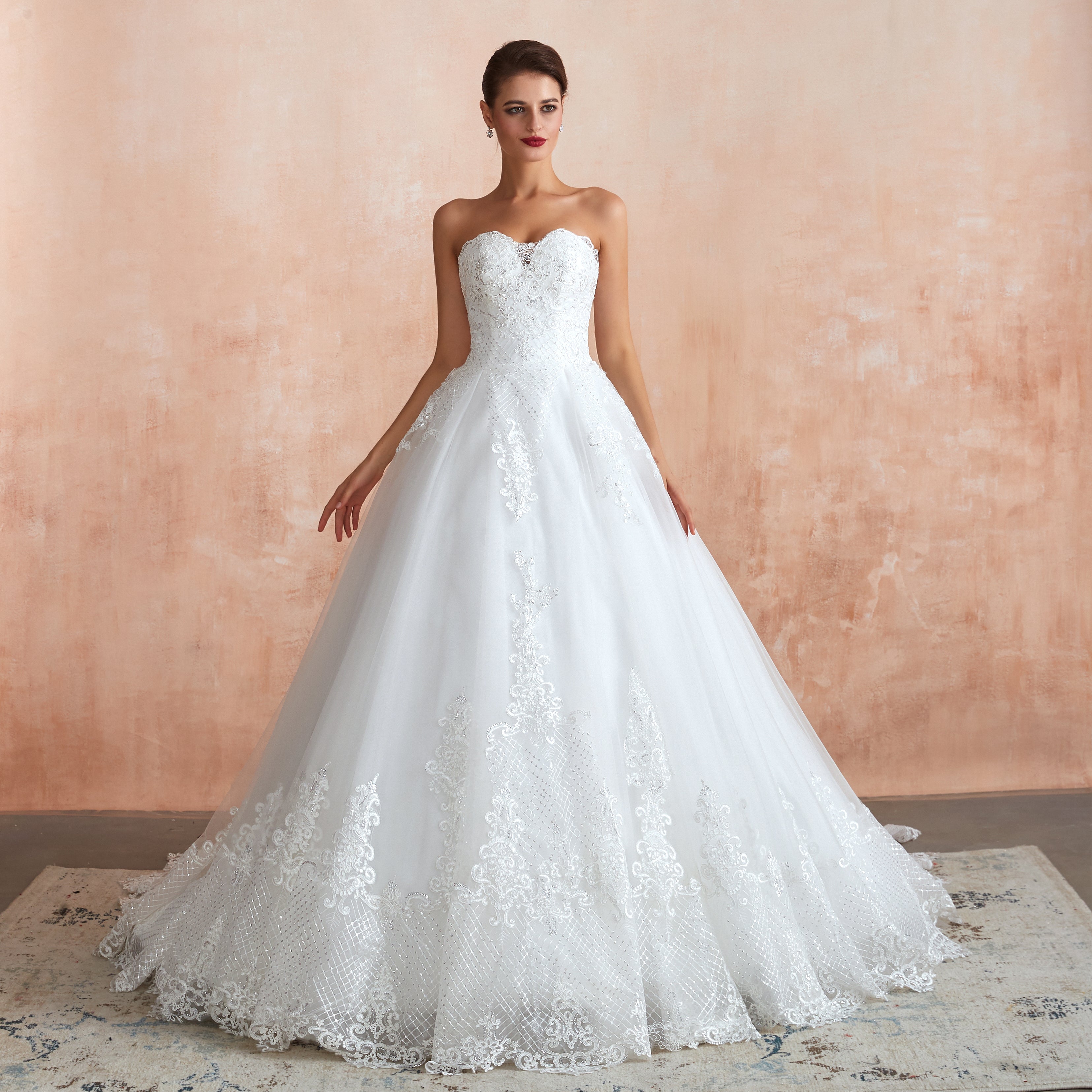 Floral Appliques Lace Sweetheart Wedding Gowns with Train - promboutiqueonline