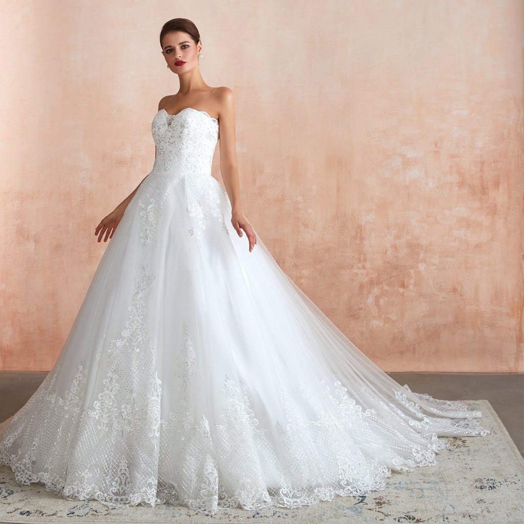 Floral Appliques Lace Sweetheart Wedding Gowns with Train - promboutiqueonline