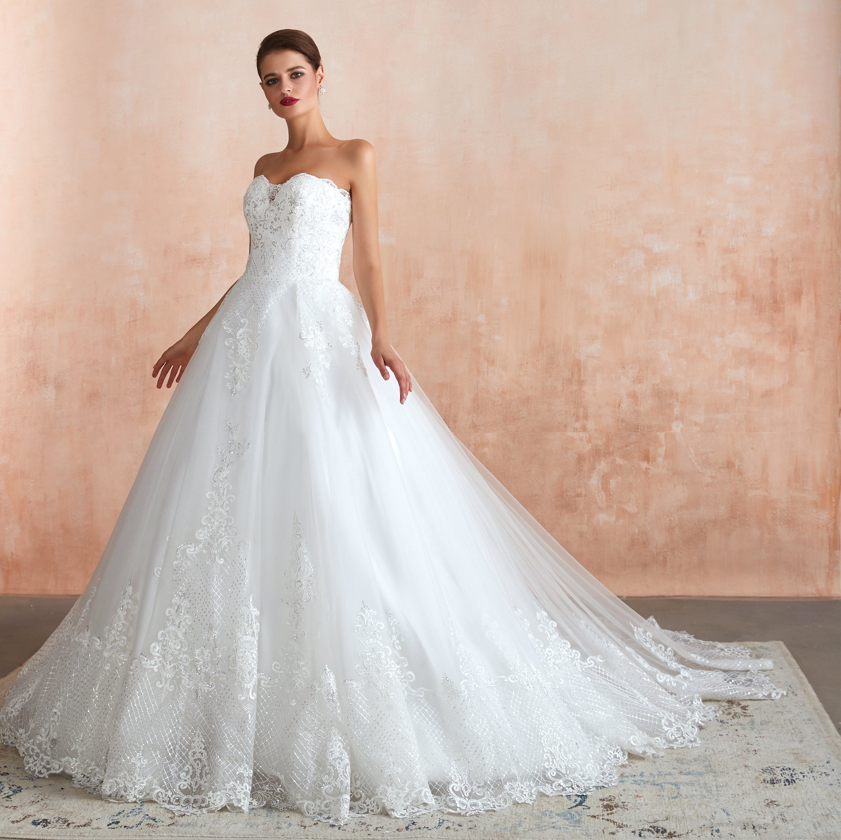 Floral Appliques Lace Sweetheart Wedding Gowns with Train - promboutiqueonline