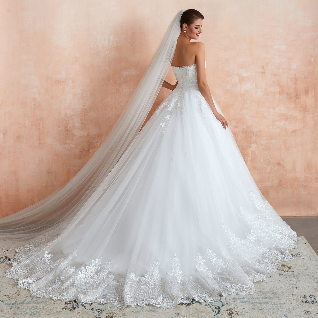 Floral Appliques Lace Sweetheart Wedding Gowns with Train - promboutiqueonline
