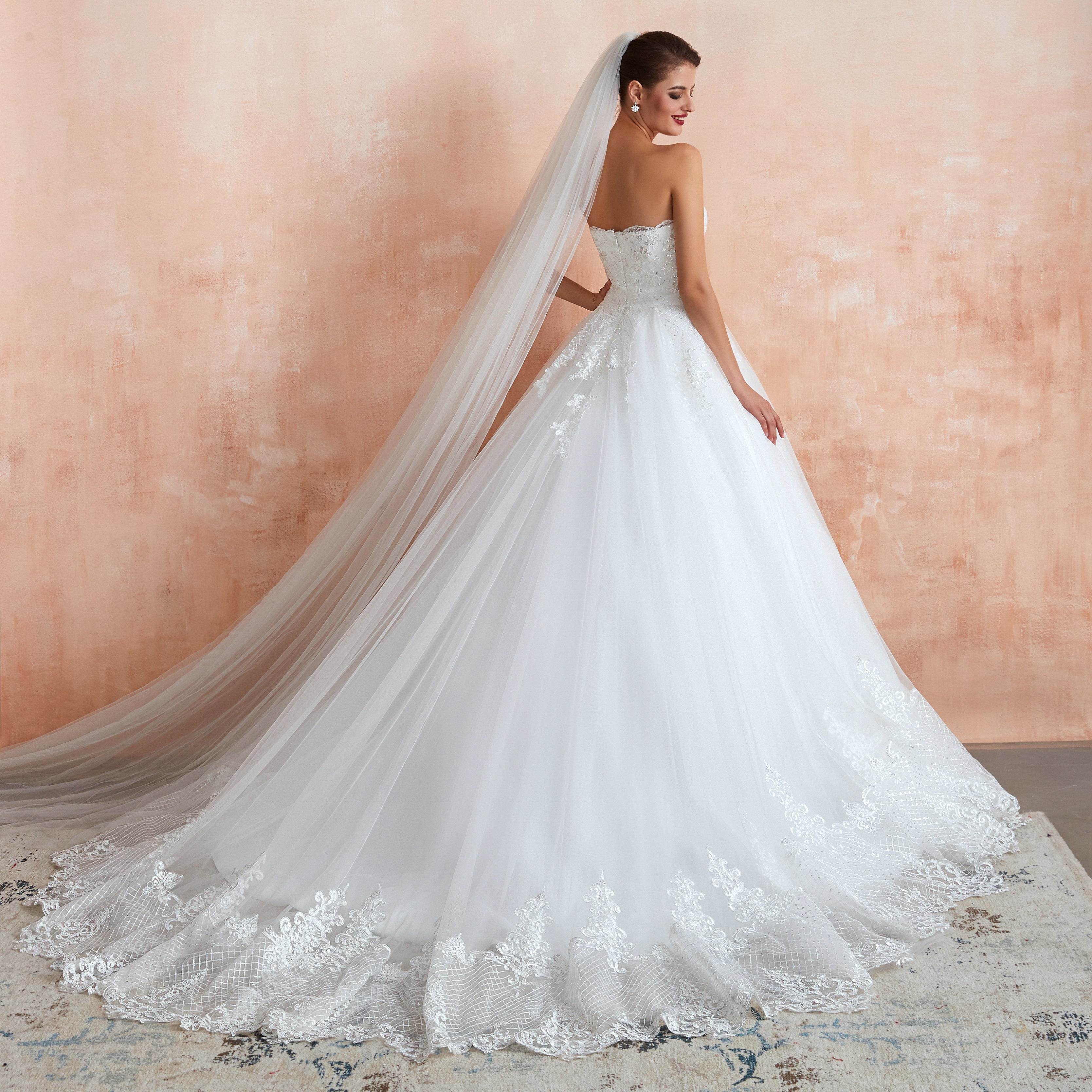 Floral Appliques Lace Sweetheart Wedding Gowns with Train - promboutiqueonline