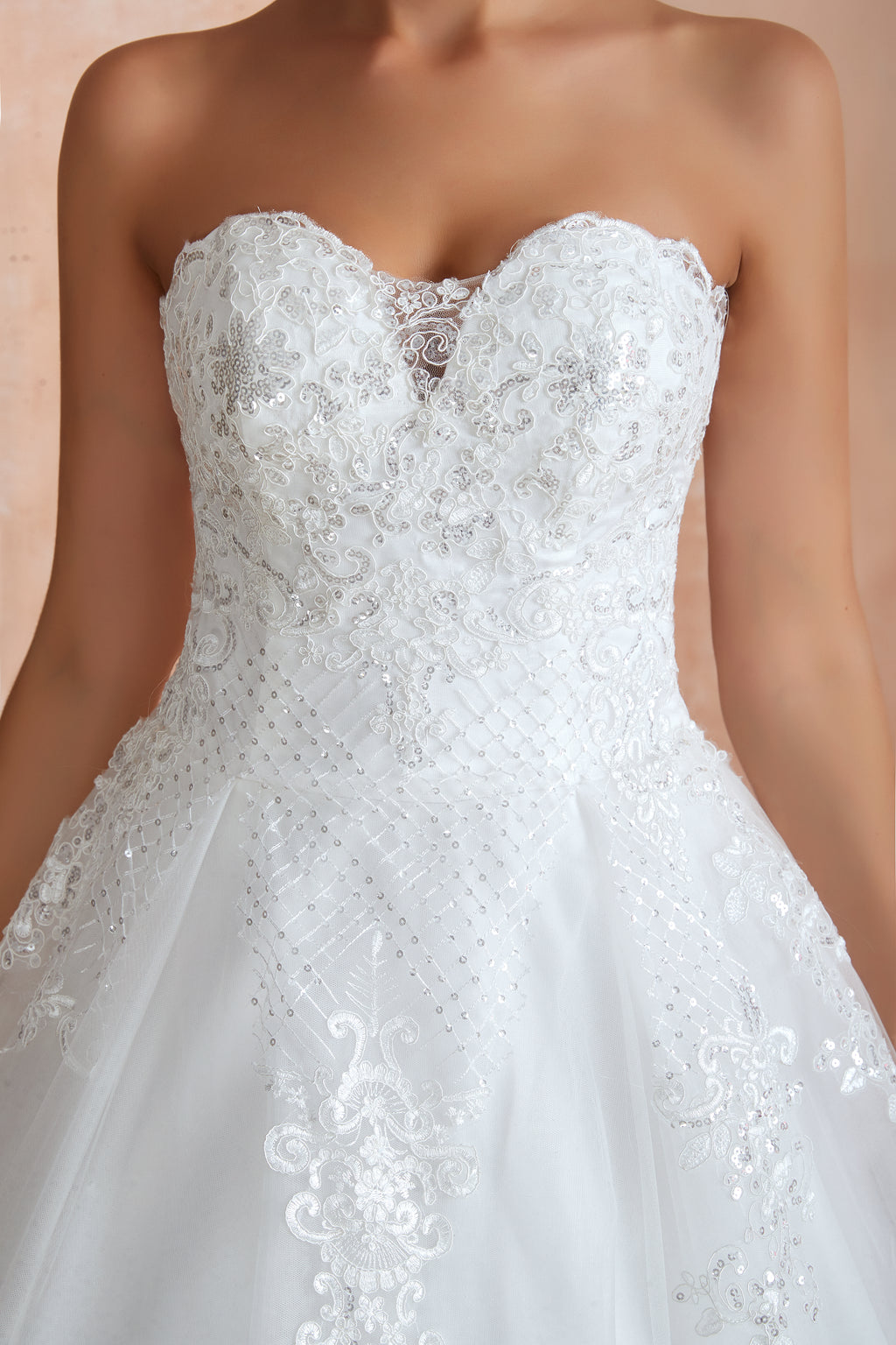 Floral Appliques Lace Sweetheart Wedding Gowns with Train - promboutiqueonline