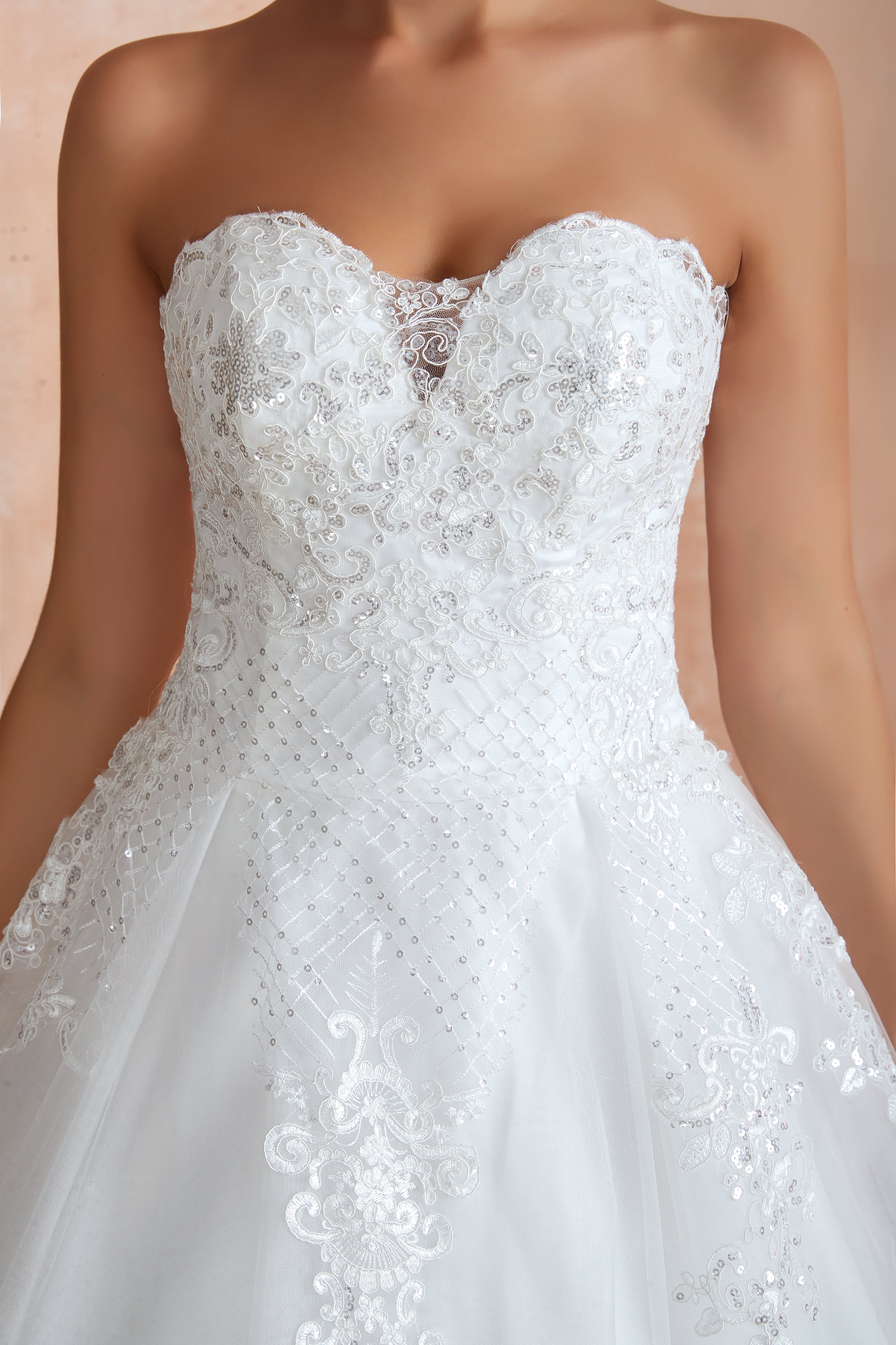 Floral Appliques Lace Sweetheart Wedding Gowns with Train - promboutiqueonline