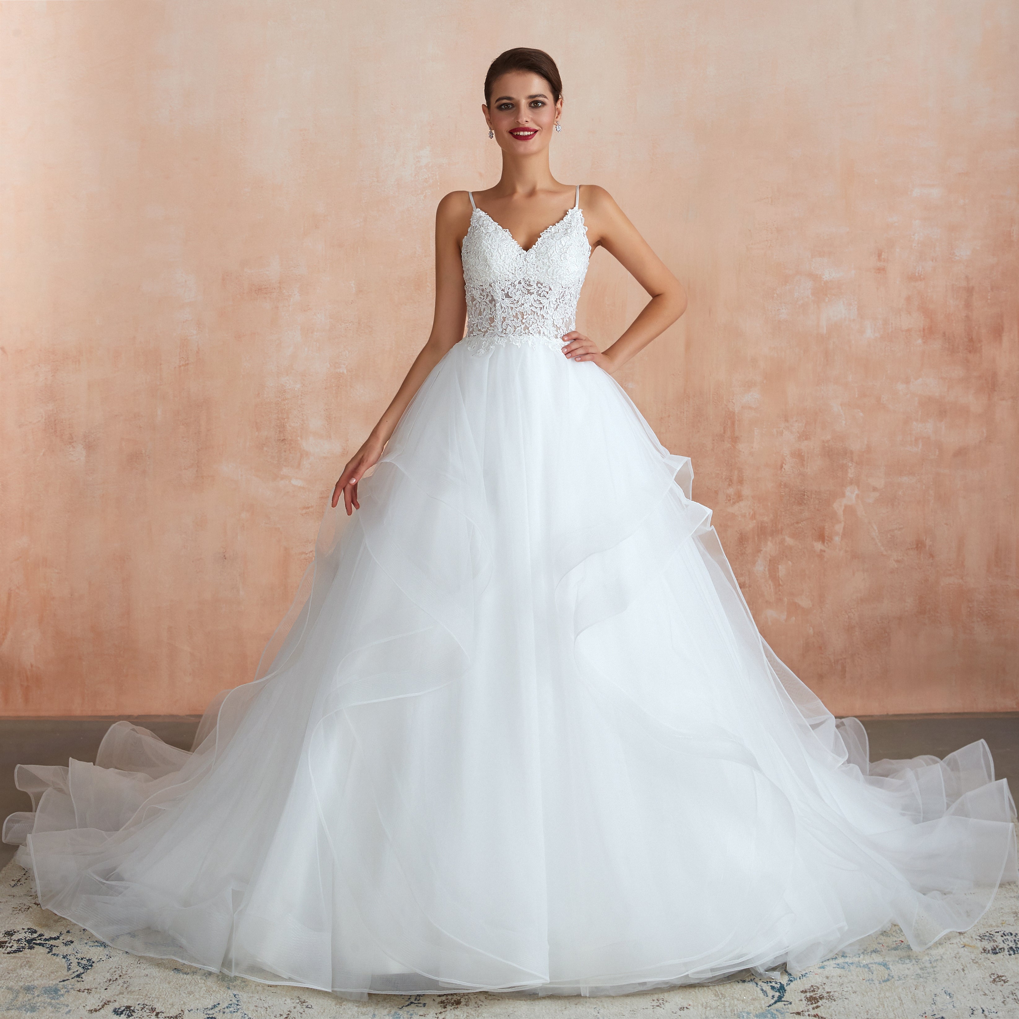 Spaghetti Straps Lace Wedding Gowns with Structed Hemline - promboutiqueonline