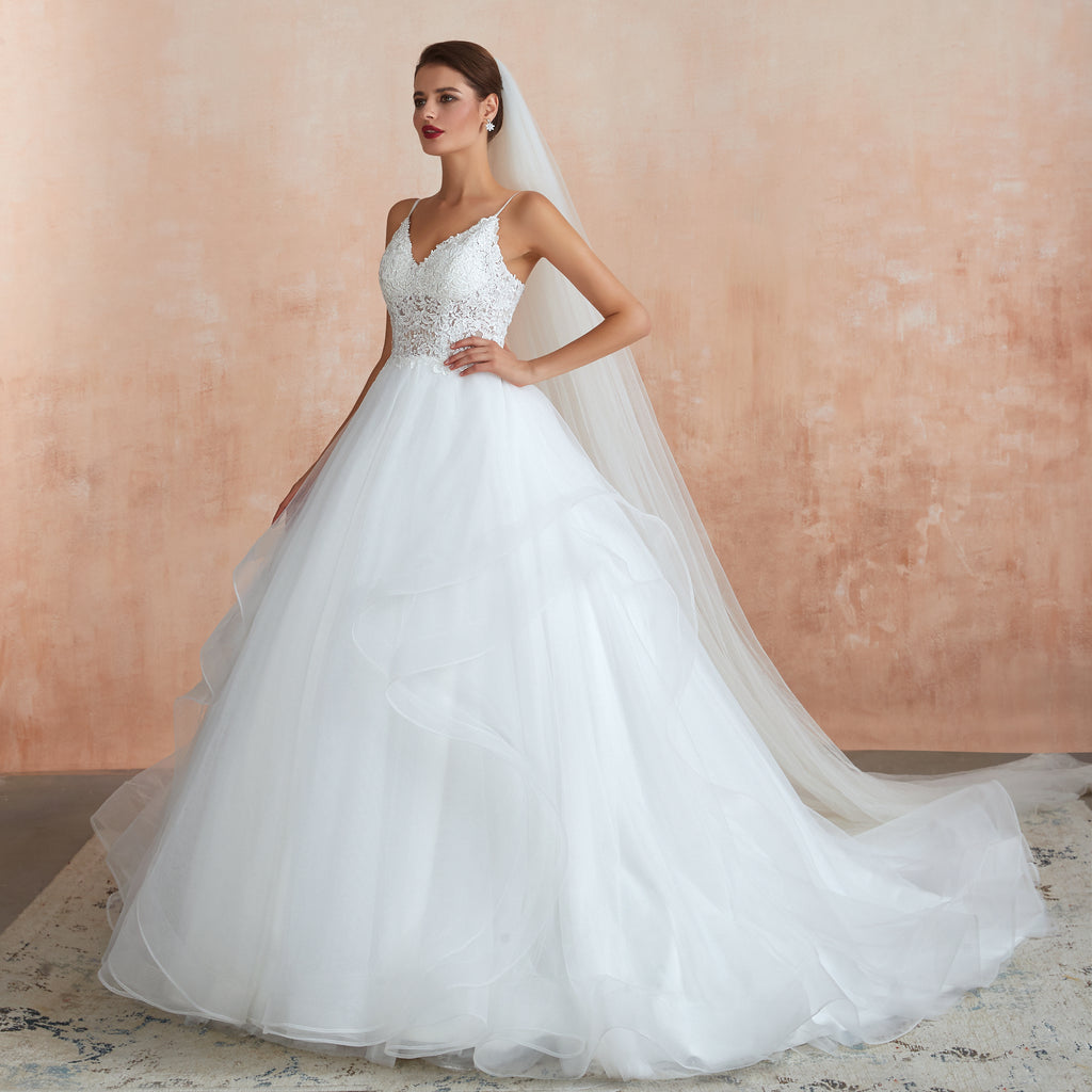 Spaghetti Straps Lace Wedding Gowns with Structed Hemline - promboutiqueonline