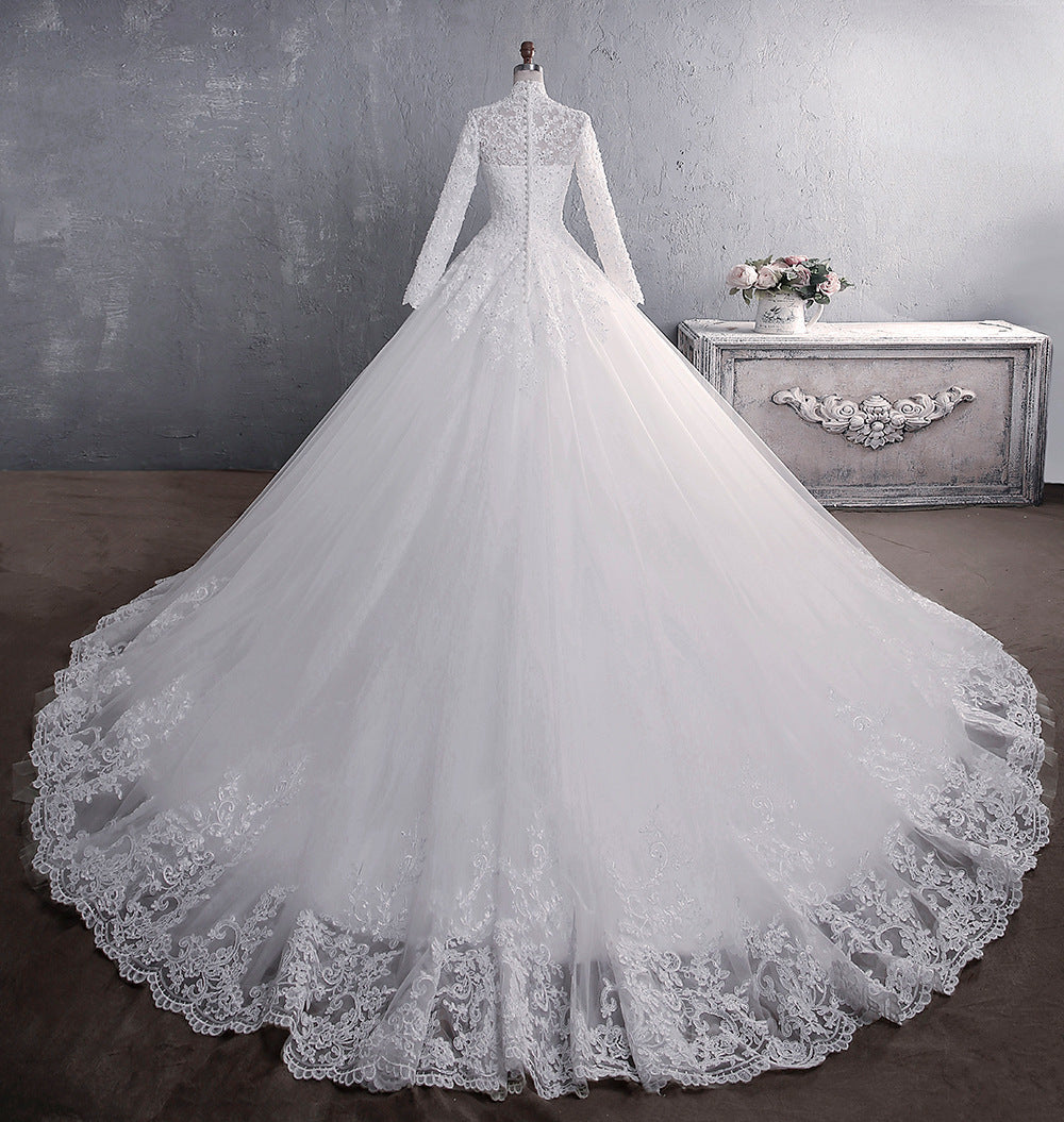 High Collar Sequined Lace Modest Long Sleeves Wedding Dresses with Buttons Back - promboutiqueonline