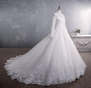 High Collar Sequined Lace Modest Long Sleeves Wedding Dresses with Buttons Back